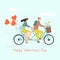 Happy Valentine`s Day. Man and woman riding a tandem bike. Cute vector illustration in flat cartoon style