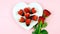 Happy Valentine`s Day overhead flat lay with heart shaped strawberries