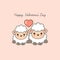 Happy Valentine`s day postcard. Sweet couple animals cartoon vector illustration.