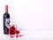 Happy Valentine`s Day with red wine, red roses, wine glasses and hearts in love