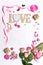 Happy Valentine`s day. Roses flowers, LOVE text, hearts, gifts and decorative items in pink pastel colors on white background.