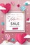 Happy Valentine`s Day Sale background. Banner, poster or flyer design with flying Origami Hearts over clouds with air balloons in
