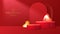 Happy Valentine`s day showcase background with 3d podium, gloden metallic love hearts and arch.