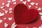 Happy Valentine`s Day! Stylish valentine hearts composition on red background. Valentines day card. Cute red velvet heart and