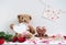 Happy Valentine`s day. Teddy bear plush doll holding an empty beautiful pink heart frame for insert your personal message or phot