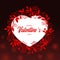 Happy valentine`s day text in white heart banner with red vines leaves and flower around on dark red light bakground vector desig