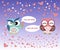Happy Valentine`s Day! Valentine`s Day card with cute flat pink and blue owl with flower on gradient blue background.