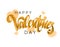 Happy Valentine`s Day vector golden lettering inscription isolated on white background with blurred hearts.