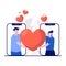 Happy valentine`s day virtual concept with tiny character. Loving couple with heart shape love symbol on a video call and long