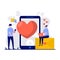 Happy valentine`s day virtual concept with tiny character. Loving couple meeting online flat vector illustration. Distance