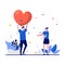 Happy valentine`s day virtual concept with tiny character. People falling in love holding big heart above his head flat vector