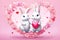 Happy valentine\\\'s greeting card, concept of love confession. A couple of very cute bunnies deep against a heart, cartoon