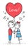 Happy Valentines Card. Guy is kissing girl. Couple in love holding red heart shaped balloon with lettering Love