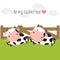 Happy Valentines Day background for greeting card. Couple of cute cows in love on green grass field.