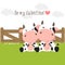 Happy Valentines Day background for greeting card. Couple of cute cows in love on green grass field.