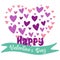 Happy Valentines Day. Big heart made of smaller pink and purple hearts. Heart and green ribbon