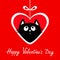 Happy Valentines Day. Big paper heart hangin on dash line with bow. Black cat kitten looking up. Cute cartoon funny animal charact