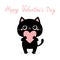 Happy Valentines Day. Black cat kitten kitty standing and holding big pink heart. Cute cartoon kawaii funny animal character. Flat