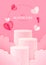 Happy Valentines Day card with podium stage, paper sky and 3d paper hearts. Vector holiday design template. Pink concept