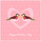 Happy Valentines Day Card with two Birds in Heart. Small Hearts Pattern on Background