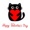Happy Valentines Day. Cat kitten kitty holding big red heart. Cute cartoon kawaii funny animal baby character. Black silhouette.