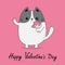 Happy Valentines Day. Cat kitten kitty holding pink heart stick bouquet. Contour line doodle. Funny face, paw print. Cute cartoon