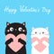 Happy Valentines Day. Cat love couple boy girl kitten head face holding big pink heart. Cute cartoon kawaii funny kitty animal