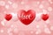 Happy Valentines Day celebrate background with handwritten word Love and realistic hearts. 14 february holiday greetings.