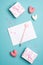 Happy Valentines Day concept. Blue vertical background letter, gifts, hearts