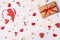 Happy Valentines Day concept. Top above close up view photo of red hearts sparkling serpentine cupid present box and shiny garland