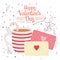 Happy valentines day, cup chocolate envelopes letter foliage and dots background