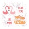 Happy valentines day cute flamingos and foxes couple romantic love