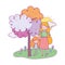 Happy valentines day, cute girl and cupid with tree grass sunny day cartoon