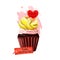 Happy Valentines day delicious cake with love heart on top. Cupcake for sweet holiday present. Biscuit with cream and