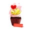 Happy Valentines day delicious cake with love heart on top. Cupcake for sweet holiday present. Biscuit with cream and heart