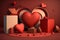 Happy valentines day display stage design with hearts shape and gift box in red space. 3D love concept. Generative AI