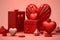 Happy valentines day display stage design with hearts shape and gift box in red space. 3D love concept. Generative AI