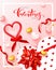 Happy Valentines Day festive banner. Vector illustration with 3D lollipop,red ribbons, gift box and Golden confetti