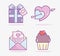 Happy valentines day, gift box cupcake mail message hearts arrow