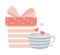 Happy valentines day gift box and striped coffee cup hearts love