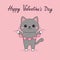 Happy Valentines Day. Gray cat kitten kitty holding pink heart garland. Funny head face. Contour line doodle. Cute cartoon kawaii