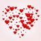 Happy Valentines day greeting card. Red heart shape made of many little hearts, greeting card about love.