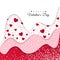 Happy Valentines Day greeting card. Red Wavy Layers Decorated White Hearts. Romantic Weeding Design.