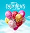 Happy valentines day heart balloons vector design. Heart shape colorful bunch of balloons for valentines day