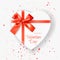 Happy Valentines Day! Heart shaped white Gift Box tied with Red Ribbons with a Bow on white background with Heart Shaped Confetti