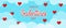 Happy Valentines Day horizontal banner. Clouds and glossy hearts. Hand drawn lettering sticker. 14 February celebration