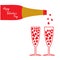 Happy Valentines Day. Love card. Champagne bottle and glasses with hearts.