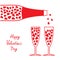 Happy Valentines Day. Love card. Champagne bottle and glasses with hearts. Flat design. White background.