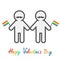 Happy Valentines Day. Love card. Gay marriage Pride symbol Two contour man with mustaches and rainbow flags LGBT icon Flat design