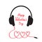 Happy Valentines Day. Love card. Headphones and cord in shape of three hearts. Word love. Flat design. White background. .